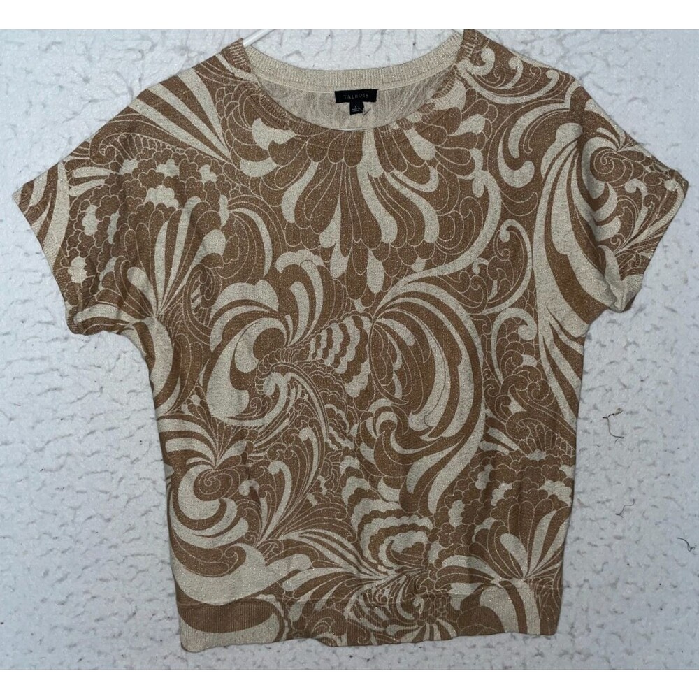 Talbots Metallic Crewneck Sweater Twirling Floral Short Sleeve Gold Beige sz S